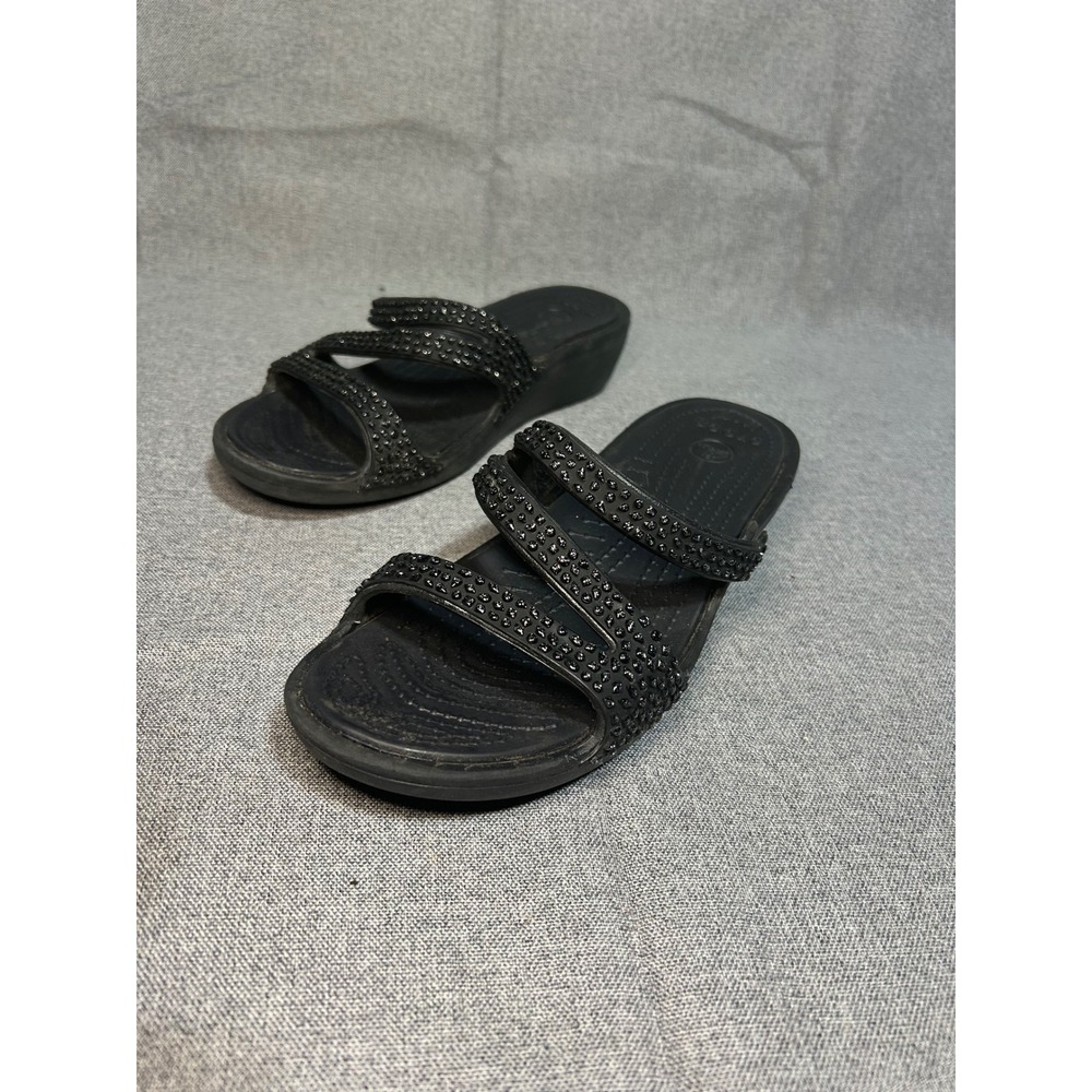 Crocs Patricia Wedge Sandals Womens 9 Black Rhinestone Strappy Comfort Shoes